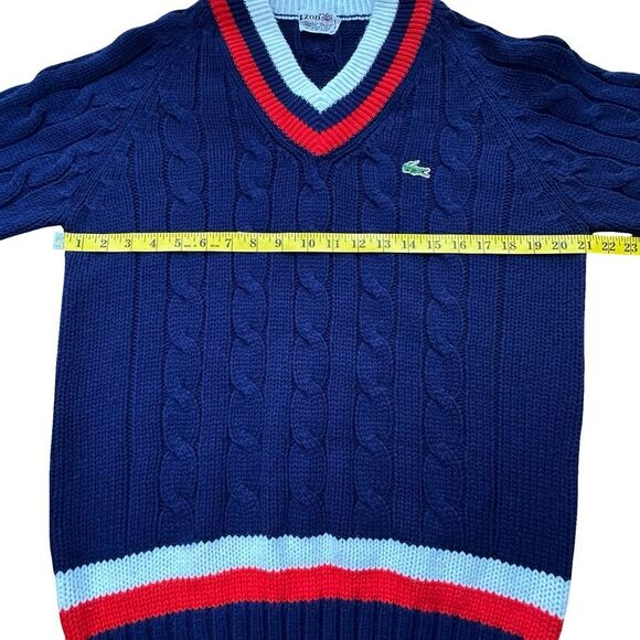 Vintage IZOD LACOSTE Cable Knit V-neck Sweater Blue with Red & White Size XL - Picture 8 of 13